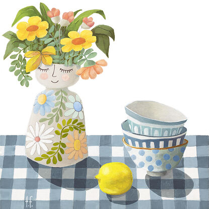 Vase, flowers, lemons, bowl, still life on checked tablecloth