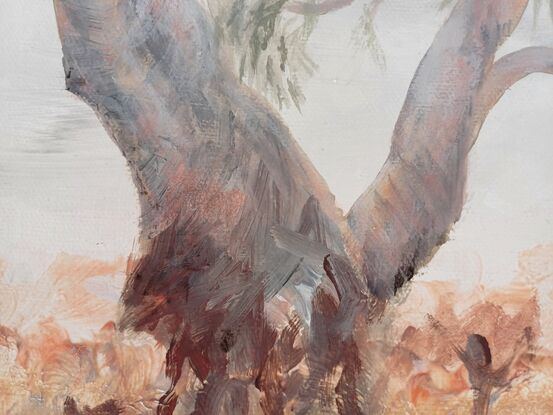 An old gum tree in grey and rose against a creamy sky by Kate Wise