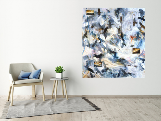 Birds in flight in a light abstract scene with topographic map elements.