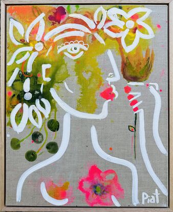  a woman and a bird with flowers