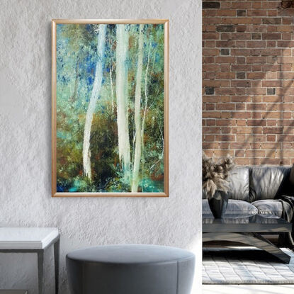 Large landscape painting by Victoria Collins, showing lush Australian sapling forest with layers of delicate marks from very dark chocolate and olive green to bright blue and ochre, mustard yellow.