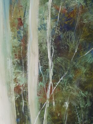 Large landscape painting by Victoria Collins, showing lush Australian sapling forest with layers of delicate marks from very dark chocolate and olive green to bright blue and ochre, mustard yellow.