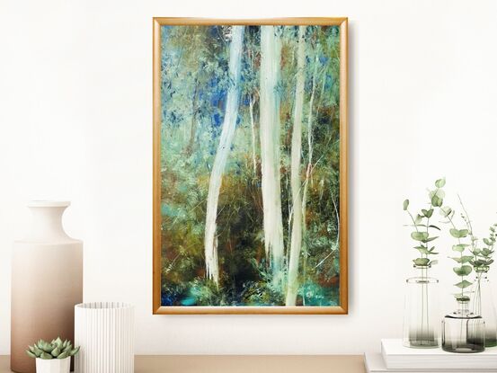 Large landscape painting by Victoria Collins, showing lush Australian sapling forest with layers of delicate marks from very dark chocolate and olive green to bright blue and ochre, mustard yellow.