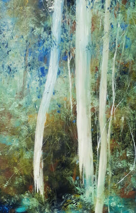 Large landscape painting by Victoria Collins, showing lush Australian sapling forest with layers of delicate marks from very dark chocolate and olive green to bright blue and ochre, mustard yellow.