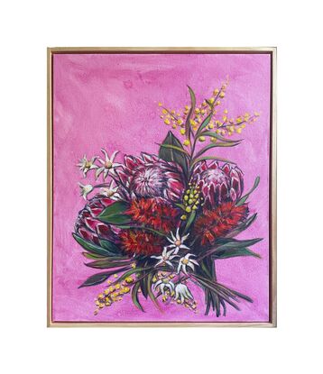 A bright bouquest of Australian Native flowers (Protea, BottleBrush, Wattle and Flannel Flowers) on a pink wash background.