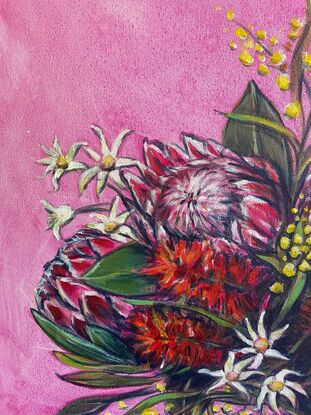 A bright bouquest of Australian Native flowers (Protea, BottleBrush, Wattle and Flannel Flowers) on a pink wash background.