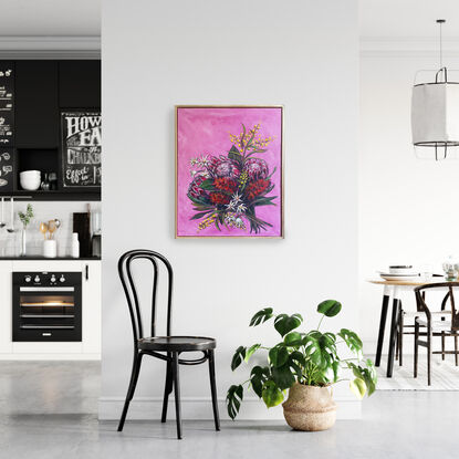 A bright bouquest of Australian Native flowers (Protea, BottleBrush, Wattle and Flannel Flowers) on a pink wash background.