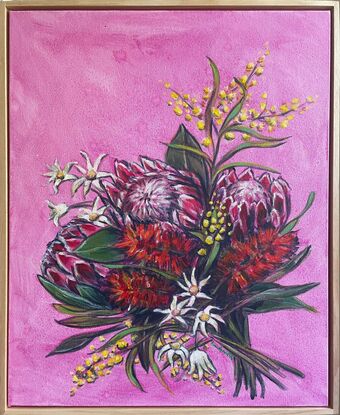 A bright bouquest of Australian Native flowers (Protea, BottleBrush, Wattle and Flannel Flowers) on a pink wash background.