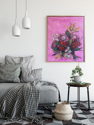 A bright bouquest of Australian Native flowers (Protea, BottleBrush, Wattle and Flannel Flowers) on a pink wash background.