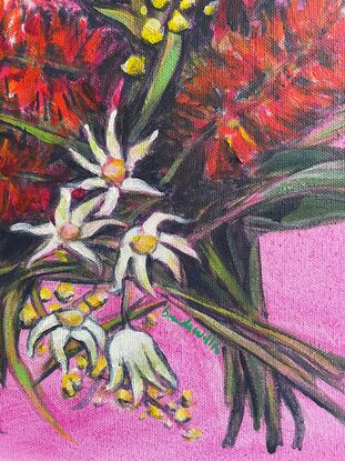 A bright bouquest of Australian Native flowers (Protea, BottleBrush, Wattle and Flannel Flowers) on a pink wash background.