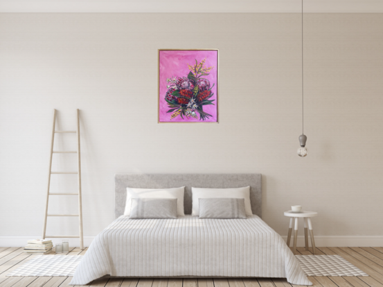 A bright bouquest of Australian Native flowers (Protea, BottleBrush, Wattle and Flannel Flowers) on a pink wash background.