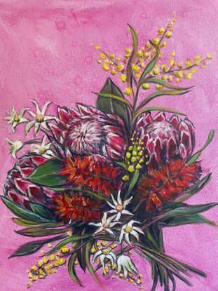 A bright bouquest of Australian Native flowers (Protea, BottleBrush, Wattle and Flannel Flowers) on a pink wash background.