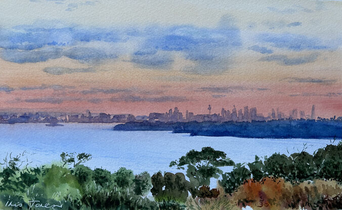 The sun sets over Sydney Harbour as viewed from North Head. The clouds are orange and lilac.  Australian bushland in the foreground.  City skyline in the background.