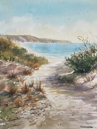 Pathway leading to beach, distant headland in view over light blue ocean