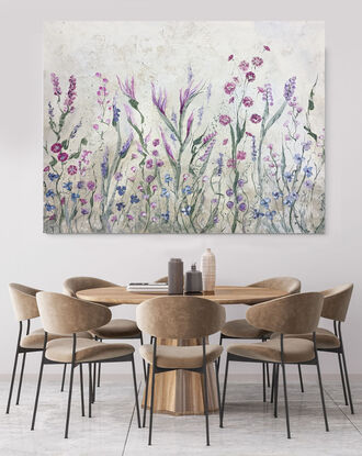 a large Impressionist painting of flowers in shades of pink, magenta and beige