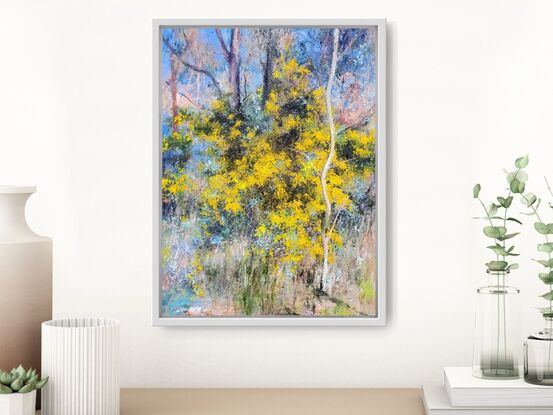 Small impressionist painting of wattle tree in the bush by Australian artist Victoria Collins. Bright yellow with grey-blues and earth tones. 