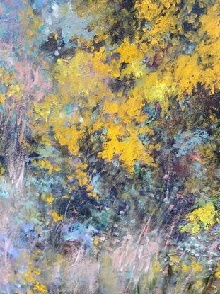 Small impressionist painting of wattle tree in the bush by Australian artist Victoria Collins. Bright yellow with grey-blues and earth tones. 