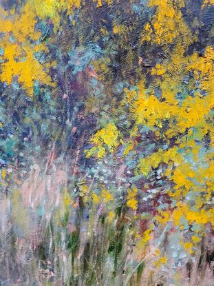 Small impressionist painting of wattle tree in the bush by Australian artist Victoria Collins. Bright yellow with grey-blues and earth tones. 