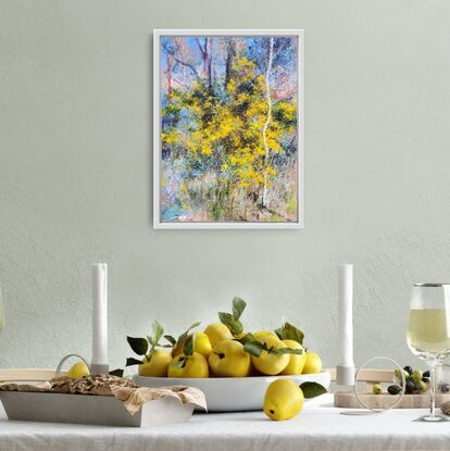 Small impressionist painting of wattle tree in the bush by Australian artist Victoria Collins. Bright yellow with grey-blues and earth tones. 