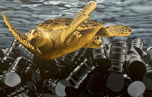 Turtle, turtle swimming amongst oil barrels, ocean waves