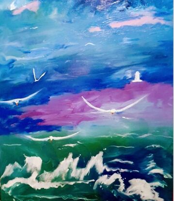 Ocean view of  Byron Bay  with the Gulls gliding the sea breeze during Winter  .