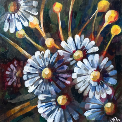 A 30x30cm acrylic on board painting titled 'Brightest Daisies' by Ella Evans. Colorful daisies in vibrant hues stand out against a dark background, with hints of gnarled stems. The juxtaposition of bright petals and dark backdrop creates a striking visual contrast