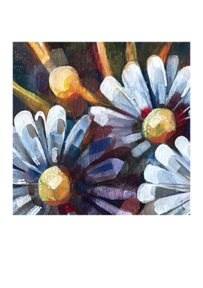 A 30x30cm acrylic on board painting titled 'Brightest Daisies' by Ella Evans. Colorful daisies in vibrant hues stand out against a dark background, with hints of gnarled stems. The juxtaposition of bright petals and dark backdrop creates a striking visual contrast