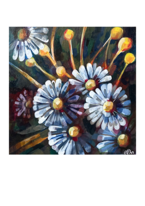 A 30x30cm acrylic on board painting titled 'Brightest Daisies' by Ella Evans. Colorful daisies in vibrant hues stand out against a dark background, with hints of gnarled stems. The juxtaposition of bright petals and dark backdrop creates a striking visual contrast