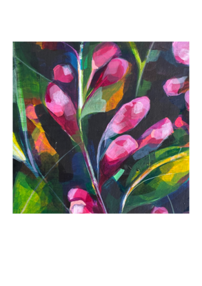 A 30x30cm acrylic on board painting titled 'Stealing Flowers' by Ella Evans. Bright pink flowers sprawl across the canvas against a backdrop of lush green leaves, evoking a sense of playful vibrancy and audacious beauty.