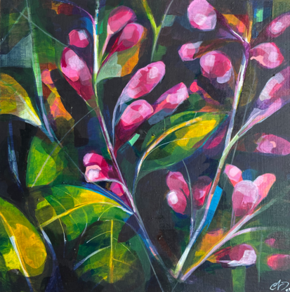 A 30x30cm acrylic on board painting titled 'Stealing Flowers' by Ella Evans. Bright pink flowers sprawl across the canvas against a backdrop of lush green leaves, evoking a sense of playful vibrancy and audacious beauty.