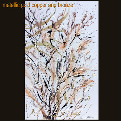 A large painting of seaweed with metallic gold, ochre,  burnt orange, pale terracotta, khaki, green  black and white.