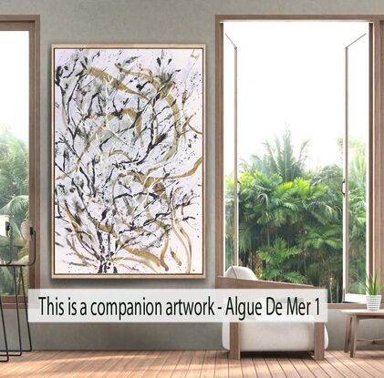 A large painting of seaweed with metallic gold, ochre,  burnt orange, pale terracotta, khaki, green  black and white.