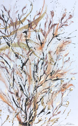 A large painting of seaweed with metallic gold, ochre,  burnt orange, pale terracotta, khaki, green  black and white.