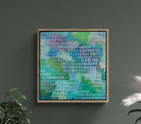 A multi coloured abstract landscaped background, covered in a veneer of tiny brush strokes in every tone of green with pale blue and lilac sections depicting the sun on the water.