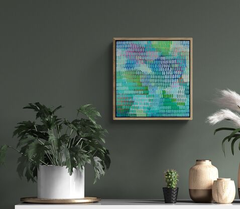 A multi coloured abstract landscaped background, covered in a veneer of tiny brush strokes in every tone of green with pale blue and lilac sections depicting the sun on the water.