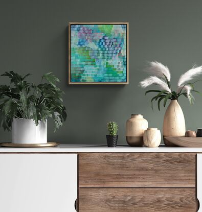 A multi coloured abstract landscaped background, covered in a veneer of tiny brush strokes in every tone of green with pale blue and lilac sections depicting the sun on the water.