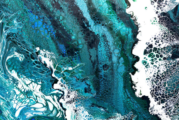 ABSTRACT painting that gives the impression of soothing ocean waves lapping in to soft sandy beach with slow easy waves creating crests of whie..  The intricate mosaic pattern within the tonal blue hues and tones of deep and light blue and jade and emerald green metallics ,,,these glimmering metallics add interest and intrigue.
The closer you get to the painting the more of the interesting details and patterns you can see. Metallics add an extra depth because the painting changes personality when one views from different angles.
although it is an impressionistic abstract, it still has a sense of motion of waves moving and frothing white