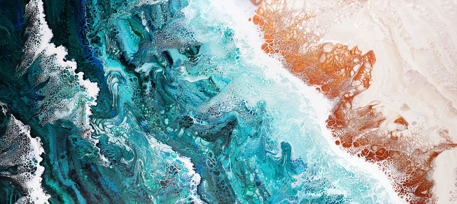 ABSTRACT painting that gives the impression of soothing ocean waves lapping in to soft sandy beach with slow easy waves creating crests of whie..  The intricate mosaic pattern within the tonal blue hues and tones of deep and light blue and jade and emerald green metallics ,,,these glimmering metallics add interest and intrigue.
The closer you get to the painting the more of the interesting details and patterns you can see. Metallics add an extra depth because the painting changes personality when one views from different angles.
although it is an impressionistic abstract, it still has a sense of motion of waves moving and frothing white