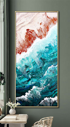 ABSTRACT painting that gives the impression of soothing ocean waves lapping in to soft sandy beach with slow easy waves creating crests of whie..  The intricate mosaic pattern within the tonal blue hues and tones of deep and light blue and jade and emerald green metallics ,,,these glimmering metallics add interest and intrigue.
The closer you get to the painting the more of the interesting details and patterns you can see. Metallics add an extra depth because the painting changes personality when one views from different angles.
although it is an impressionistic abstract, it still has a sense of motion of waves moving and frothing white