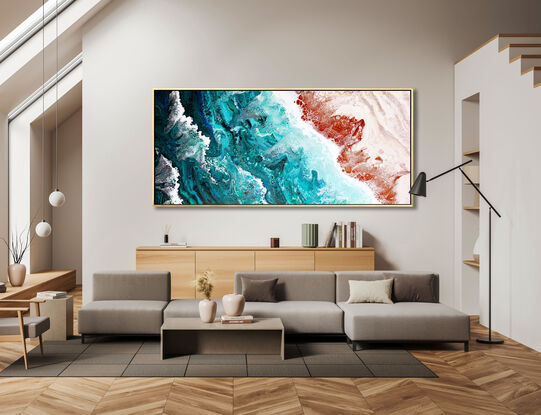 ABSTRACT painting that gives the impression of soothing ocean waves lapping in to soft sandy beach with slow easy waves creating crests of whie..  The intricate mosaic pattern within the tonal blue hues and tones of deep and light blue and jade and emerald green metallics ,,,these glimmering metallics add interest and intrigue.
The closer you get to the painting the more of the interesting details and patterns you can see. Metallics add an extra depth because the painting changes personality when one views from different angles.
although it is an impressionistic abstract, it still has a sense of motion of waves moving and frothing white