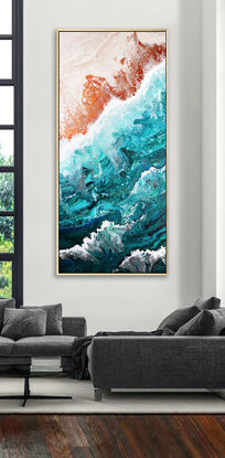 ABSTRACT painting that gives the impression of soothing ocean waves lapping in to soft sandy beach with slow easy waves creating crests of whie..  The intricate mosaic pattern within the tonal blue hues and tones of deep and light blue and jade and emerald green metallics ,,,these glimmering metallics add interest and intrigue.
The closer you get to the painting the more of the interesting details and patterns you can see. Metallics add an extra depth because the painting changes personality when one views from different angles.
although it is an impressionistic abstract, it still has a sense of motion of waves moving and frothing white