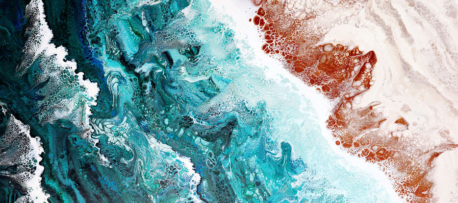 ABSTRACT painting that gives the impression of soothing ocean waves lapping in to soft sandy beach with slow easy waves creating crests of whie..  The intricate mosaic pattern within the tonal blue hues and tones of deep and light blue and jade and emerald green metallics ,,,these glimmering metallics add interest and intrigue.
The closer you get to the painting the more of the interesting details and patterns you can see. Metallics add an extra depth because the painting changes personality when one views from different angles.
although it is an impressionistic abstract, it still has a sense of motion of waves moving and frothing white