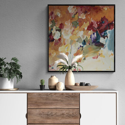 modern expressionist style abstract floral painting in a fiery colour palette of reds, orange and yellows.