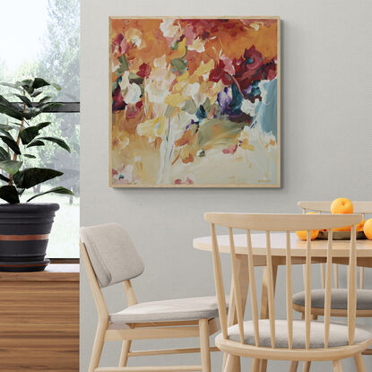 modern expressionist style abstract floral painting in a fiery colour palette of reds, orange and yellows.