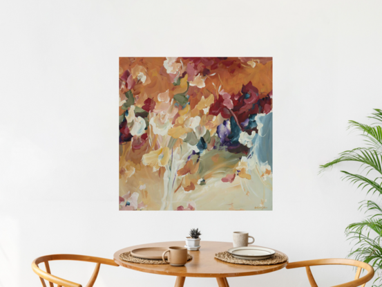 modern expressionist style abstract floral painting in a fiery colour palette of reds, orange and yellows.