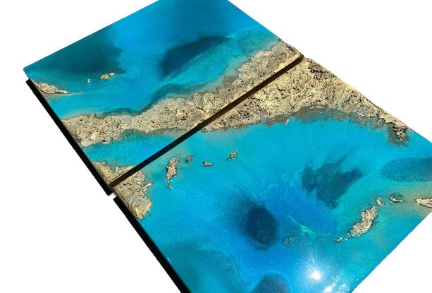 Aerial ocean painting with white sand beach, white foam waves and delicate gold accents
