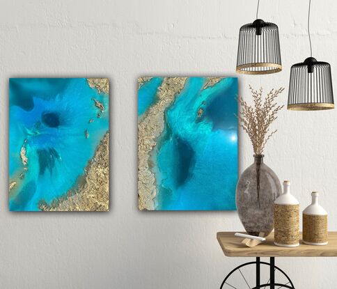 Aerial ocean painting with white sand beach, white foam waves and delicate gold accents
