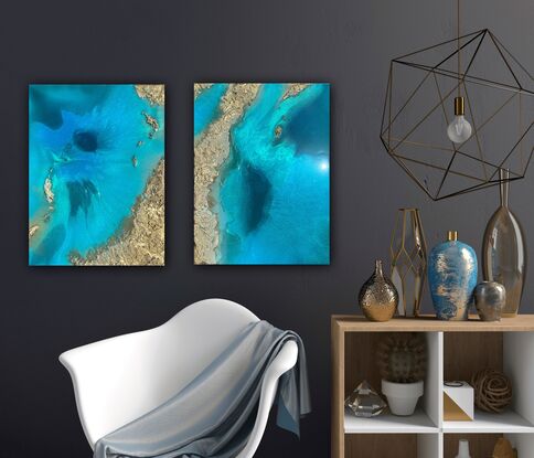 Aerial ocean painting with white sand beach, white foam waves and delicate gold accents
