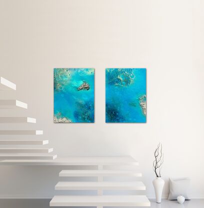 Aerial ocean painting with white sand beach, white foam waves and delicate gold accents
