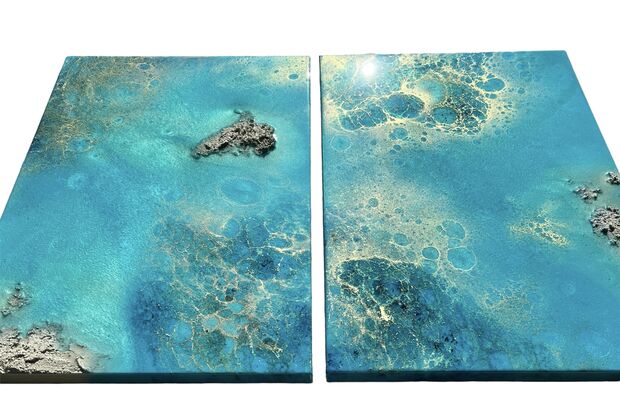 Aerial ocean painting with white sand beach, white foam waves and delicate gold accents
